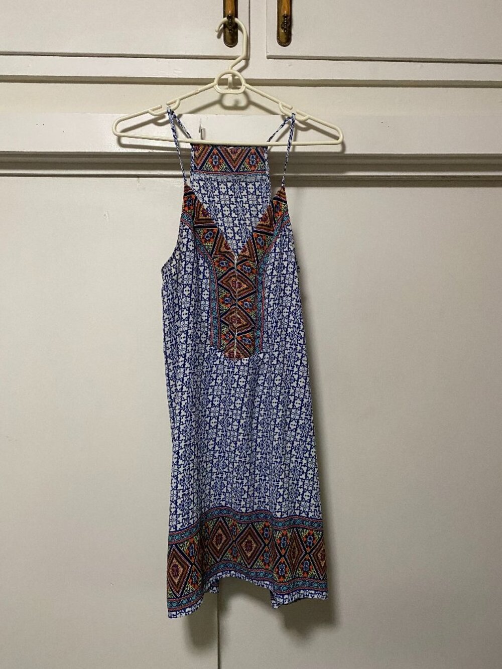 Adorable navy & white, strap dress w/Aztec designs, size S